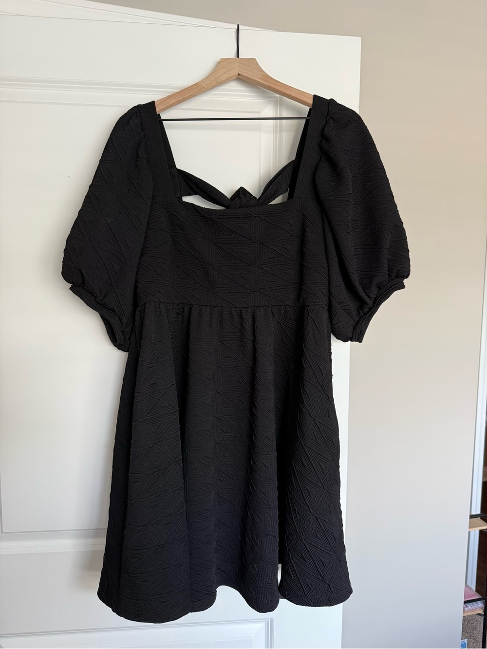 Free People Black Textured Puff-Sleeve Mini Dress